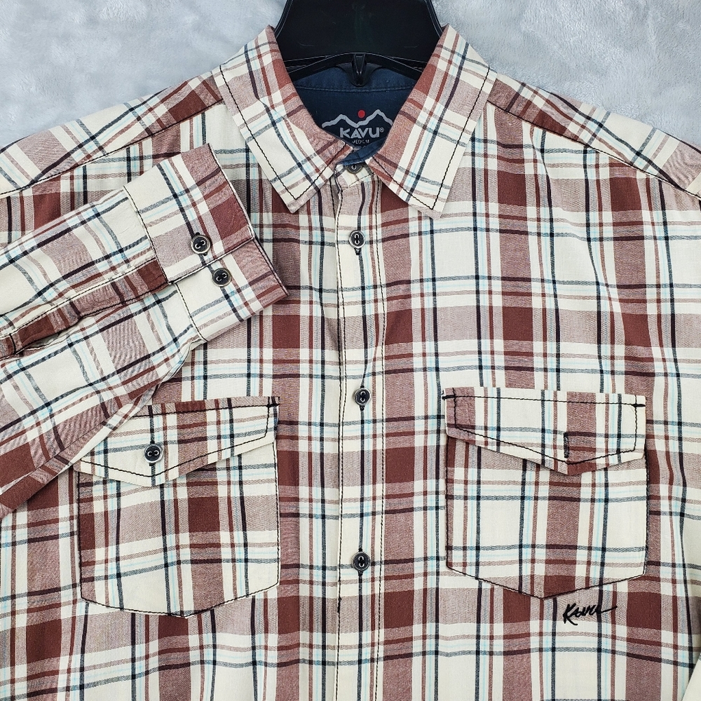KAVU Outdoors Mens Medium Long Sleeve Button Up Hiking Shirt Brown Plaid